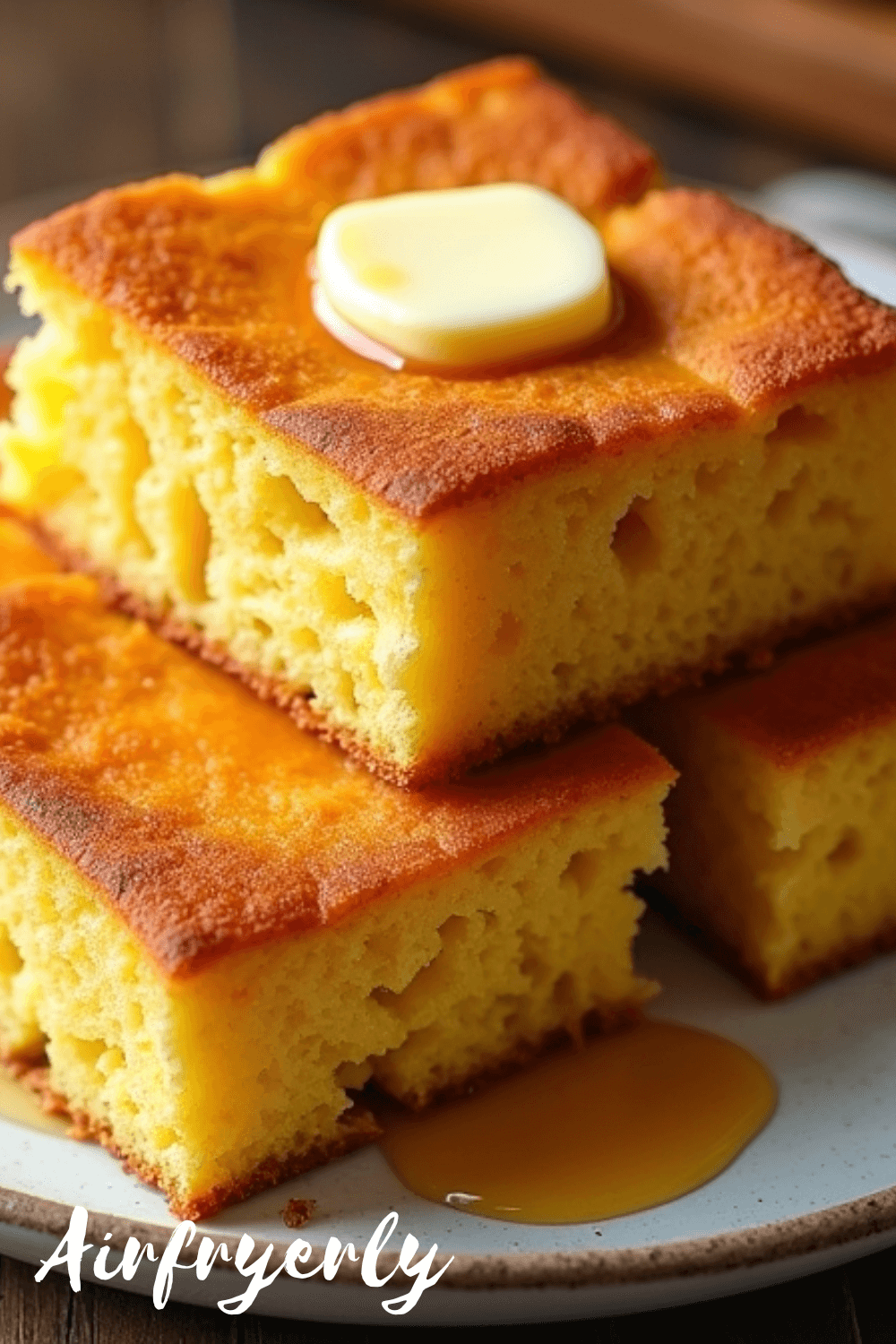 "Freshly baked Jiffy cornbread in air fryer, golden brown with a crispy crust and fluffy inside, sliced and served warm on a rustic plate with butter on top."