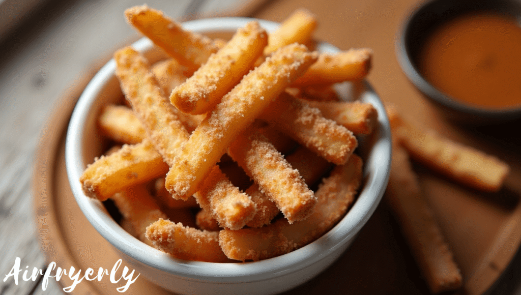 "Apple sticks arranged in a single layer in the air fryer basket, sprayed lightly with oil, cooking into crispy air fryer apple fries."