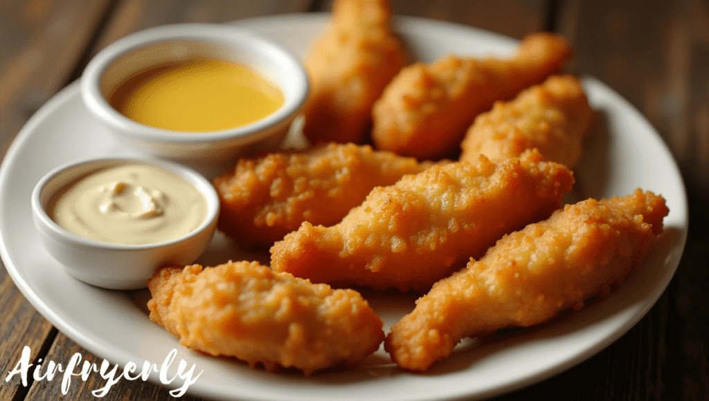 “Golden Tyson Honey Breast Tenders fresh from the air fryer, plated with ranch, BBQ, and honey mustard dipping sauces.”