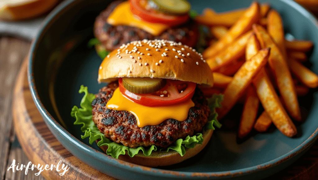 "Juicy golden-brown Impossible Burger air fryer patty served in a bun with lettuce, tomato, and pickles, crispy outside and tender inside, perfect plant-based dinner."
