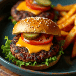 "Juicy golden-brown Impossible Burger air fryer patty served in a bun with lettuce, tomato, and pickles, crispy outside and tender inside, perfect plant-based dinner."