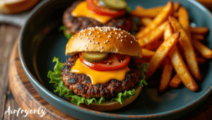 "Juicy golden-brown Impossible Burger air fryer patty served in a bun with lettuce, tomato, and pickles, crispy outside and tender inside, perfect plant-based dinner."