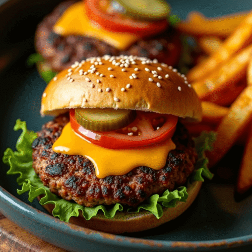 "Juicy golden-brown Impossible Burger air fryer patty served in a bun with lettuce, tomato, and pickles, crispy outside and tender inside, perfect plant-based dinner."