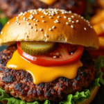 "Juicy golden-brown Impossible Burger air fryer patty served in a bun with lettuce, tomato, and pickles, crispy outside and tender inside, perfect plant-based dinner."