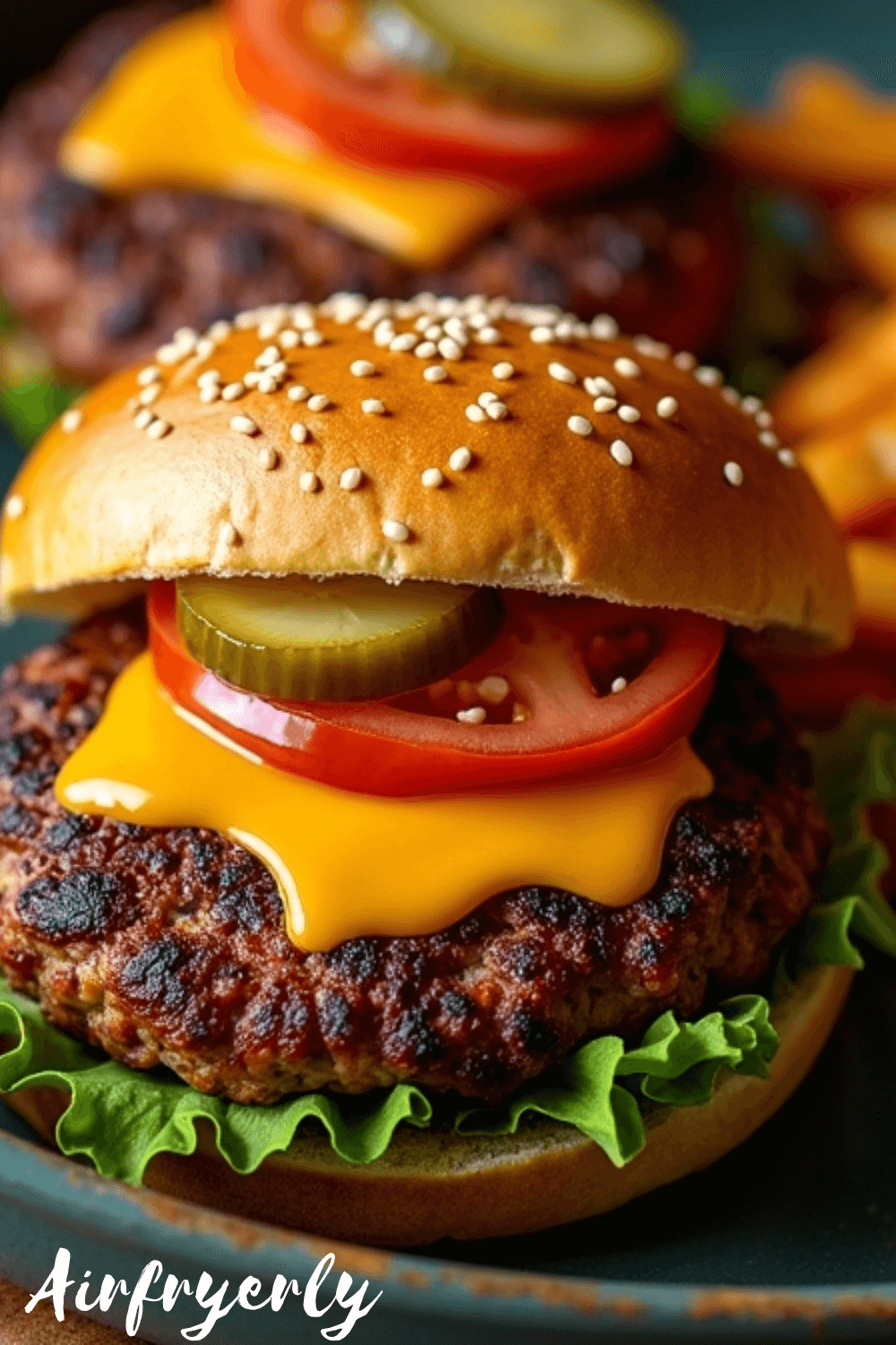 "Juicy golden-brown Impossible Burger air fryer patty served in a bun with lettuce, tomato, and pickles, crispy outside and tender inside, perfect plant-based dinner."