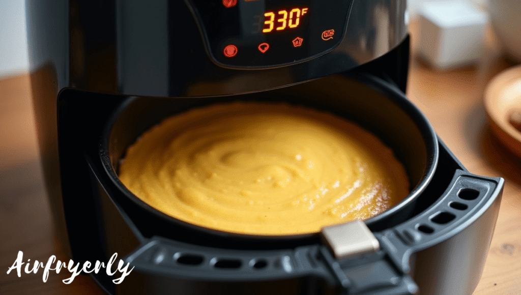 "Pan with Jiffy cornbread batter placed inside air fryer basket cooking at 330°F until golden brown."