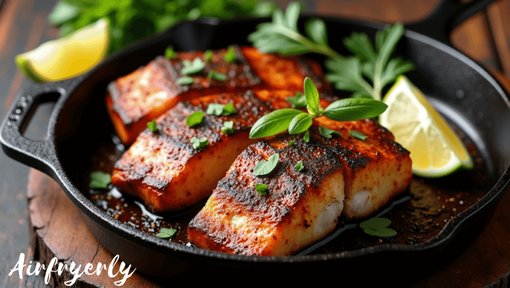 "Air fryer swordfish with a smoky blackened crust, golden edges, and tender flaky inside, served with lime wedges on a rustic plate."
