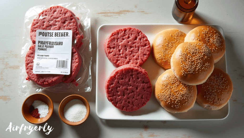 "Essential ingredients for Impossible Burger air fryer recipe including Impossible patties, brioche buns, salt, pepper, garlic powder, and optional avocado oil on a clean kitchen counter."