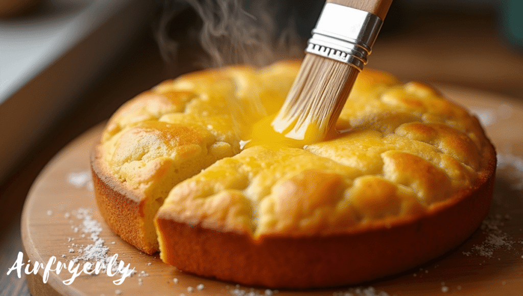 "Golden Jiffy cornbread brushed with melted butter after air frying, cooling before slicing and serving warm."