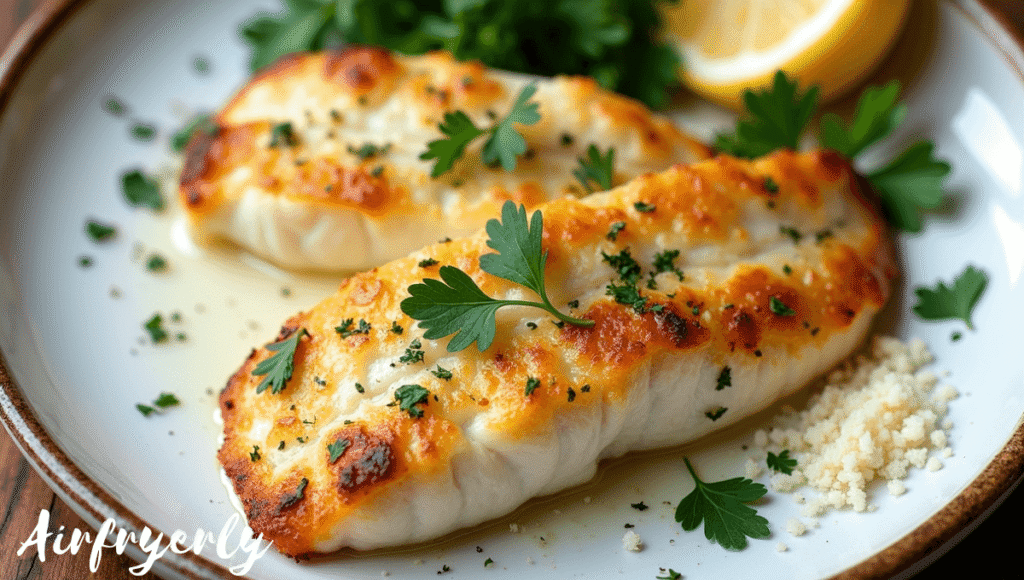 "Air fryer swordfish coated in crispy garlic Parmesan crust, golden brown with melted cheese and herbs, served hot on a rustic plate."