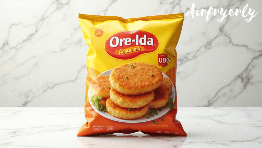  "Pack of Ore-Ida frozen hash brown patties with cooking spray and seasoning bowls on a simple background – how to cook hash brown patties in air fryer."