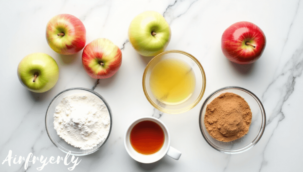 "Fresh Granny Smith apples, flour, apple pie spice, cinnamon sugar, eggs, and cooking spray neatly arranged for making crispy air fryer apple fries."