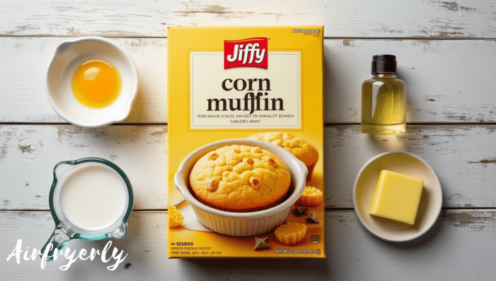 "Ingredients for Jiffy cornbread in air fryer recipe – Jiffy Corn Muffin Mix, egg, milk, melted butter, and cooking spray arranged on a wooden kitchen counter."
