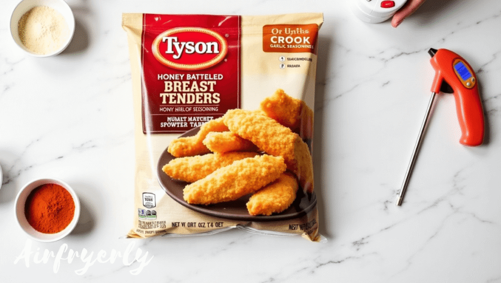 “Frozen Tyson Honey Battered Breast Tenders in original packaging placed on a wooden counter, ready to cook in the air fryer.”