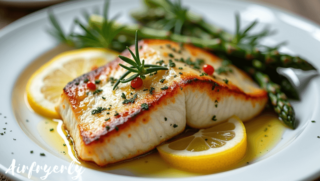 "Air fryer swordfish with lemon herb marinade, golden brown steaks topped with fresh rosemary, thyme, and lemon slices on a white plate for a healthy dinner."