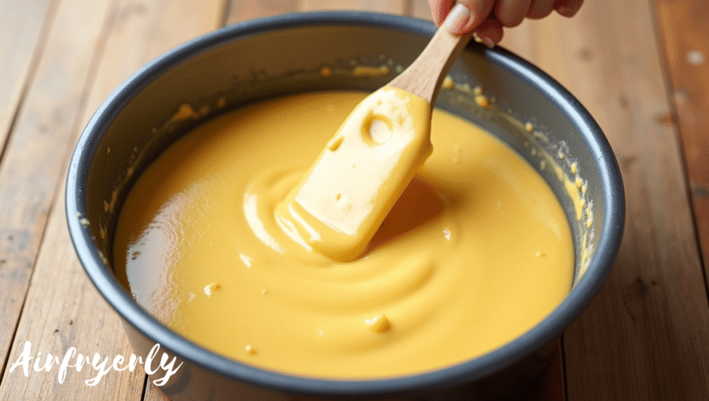 "Greased air fryer-safe pan filled halfway with Jiffy cornbread batter, ready for air frying."