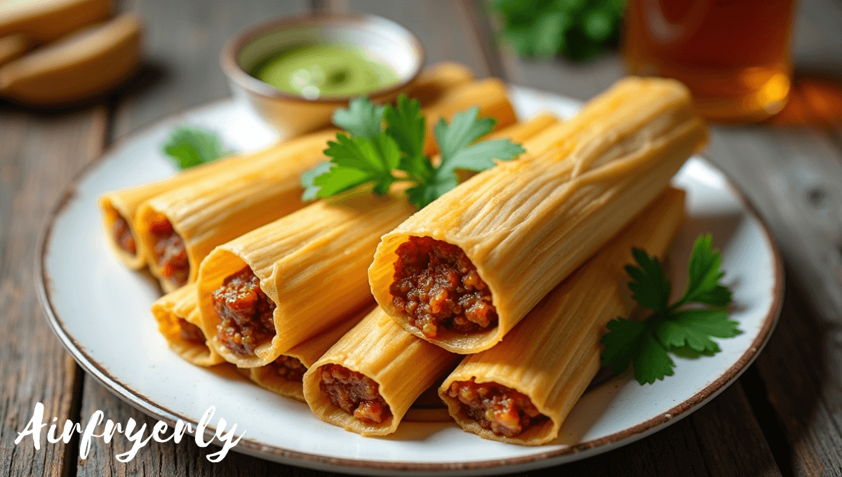 “Tamales wrapped in corn husks ready to reheat in air fryer”