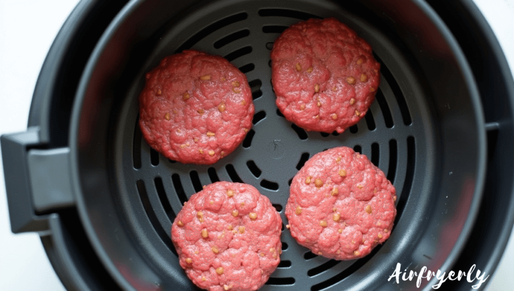 "Placing Impossible Burger patties in a single layer inside air fryer basket with space for hot air circulation, first step for perfect Impossible Burger air fryer cooking."