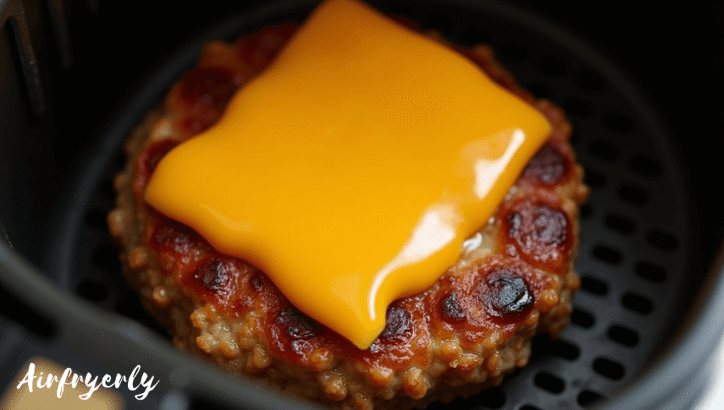 "Adding a slice of melted cheese on top of Impossible Burger air fryer patty for gooey cheeseburger style, patty resting before serving."