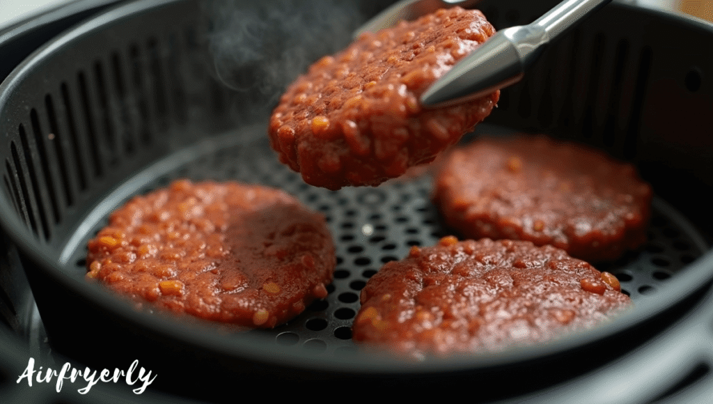 "Impossible Burger patties cooking in air fryer, halfway flipped for even browning, showing golden crispy texture in the air fryer basket."
