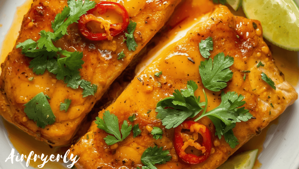 "Golden air fryer swordfish topped with spicy mango sauce, garnished with fresh cilantro and lime slices, served on a rustic plate."