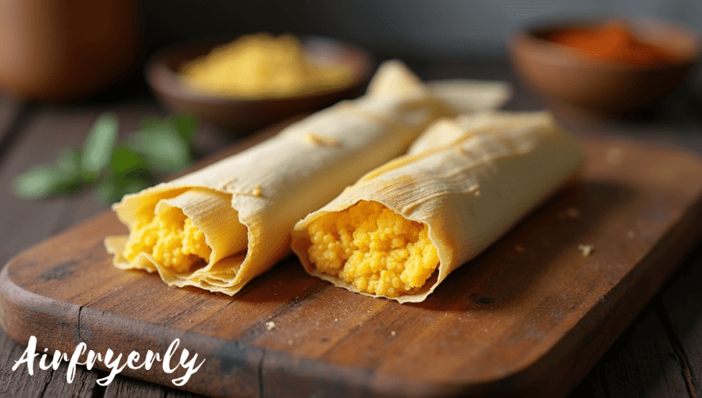 “Tamales wrapped in corn husks ready to reheat in air fryer”