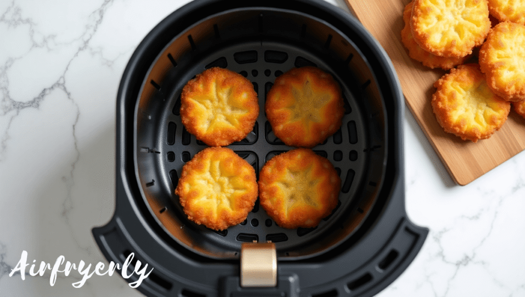 "Frozen hash brown patties arranged in a single layer next to a black air fryer basket, ready to cook – how to cook hash brown patties in air fryer."