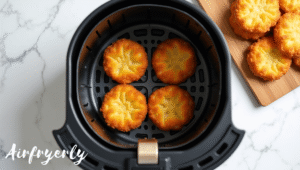 "Frozen hash brown patties arranged in a single layer next to a black air fryer basket, ready to cook – how to cook hash brown patties in air fryer."