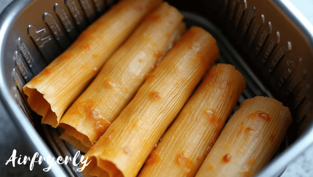 “Tamales arranged in a single layer inside air fryer basket”