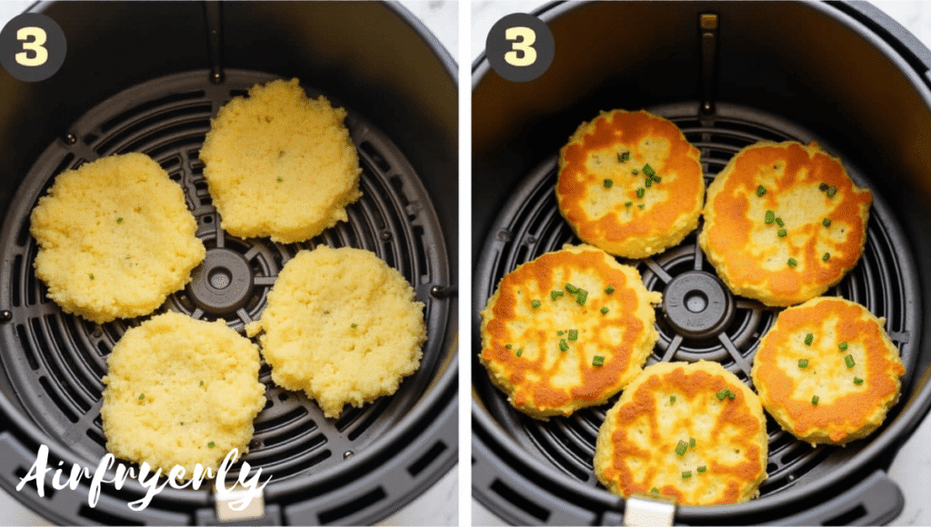 "Sprinkling salt and seasoning on frozen hash brown patties placed in an air fryer basket, cooking at 400°F for crispy results – how to cook hash brown patties in air fryer."