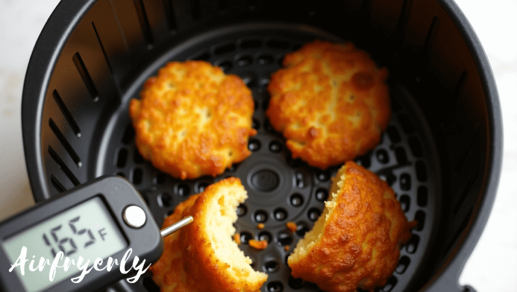 "Close-up of crispy air fryer hash brown patties with a food thermometer reading 165°F, showing golden texture – how to cook hash brown patties in air fryer."