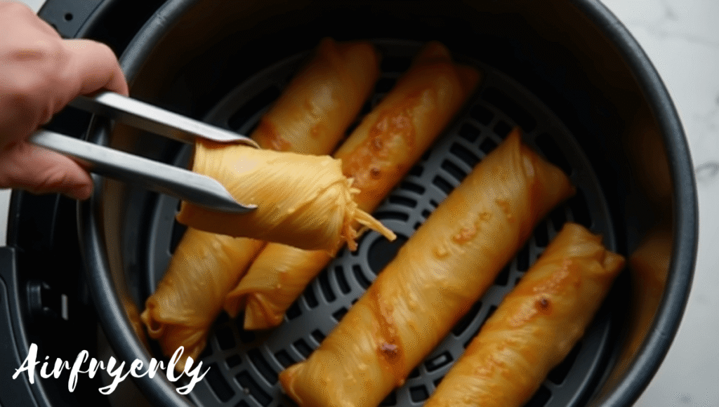 “Tamales cooking in air fryer basket, flipped halfway for even reheating”