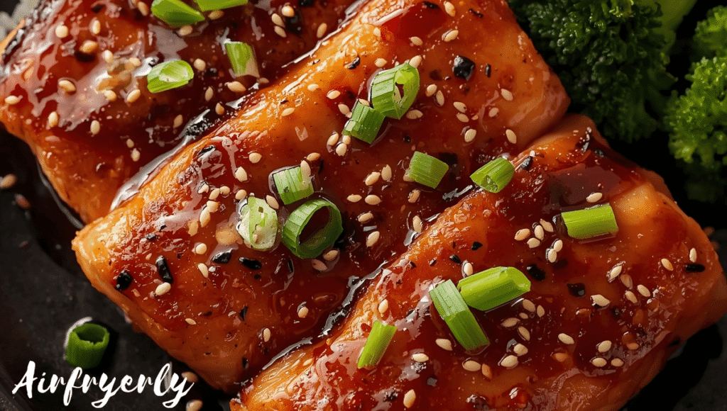 "Juicy air fryer swordfish glazed with teriyaki sauce, topped with sesame seeds and fresh ginger, served on a clean white plate."