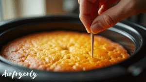 Toothpick inserted into the center of Jiffy cornbread in air fryer to check for doneness."
