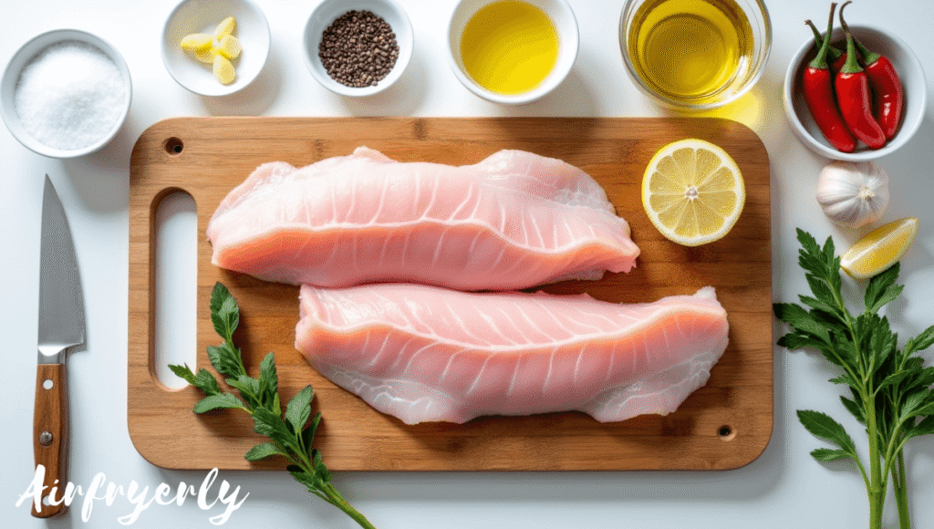 "Fresh swordfish steaks, olive oil, salt, black pepper, lemon, garlic, and herbs displayed on a wooden board for easy air fryer swordfish recipe preparation."
