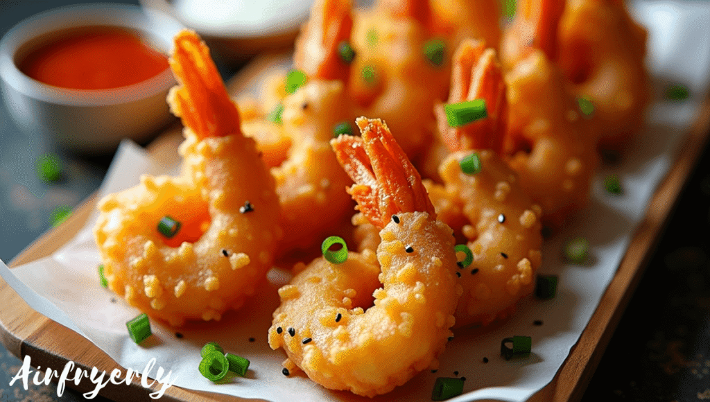 Golden crispy SeaPak Tempura Shrimp served on a white platter with soy sauce and sweet chili dipping bowls, garnished with sesame seeds and chopped green onions — perfect appetizer made in air fryer.