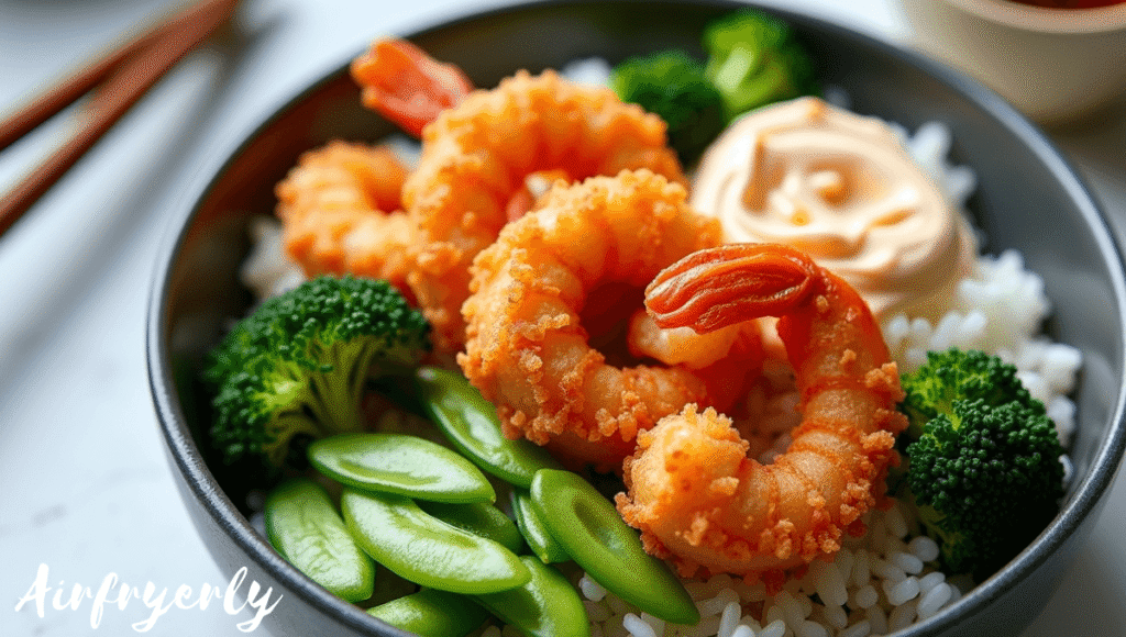 Air-fried SeaPak Tempura Shrimp served over steamed white rice with broccoli, edamame, soy sauce drizzle, and spicy mayo — easy shrimp tempura rice bowl.