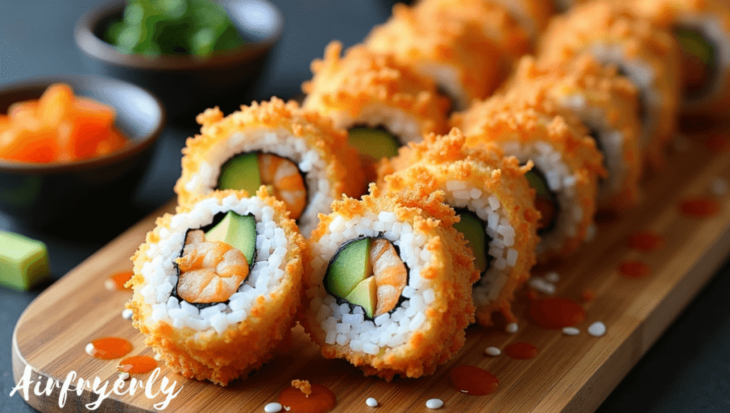 Homemade sushi rolls filled with SeaPak Tempura Shrimp, avocado, and cucumber, rolled in nori sheets and served with soy sauce, wasabi, and pickled ginger — easy air fryer shrimp sushi roll recipe.