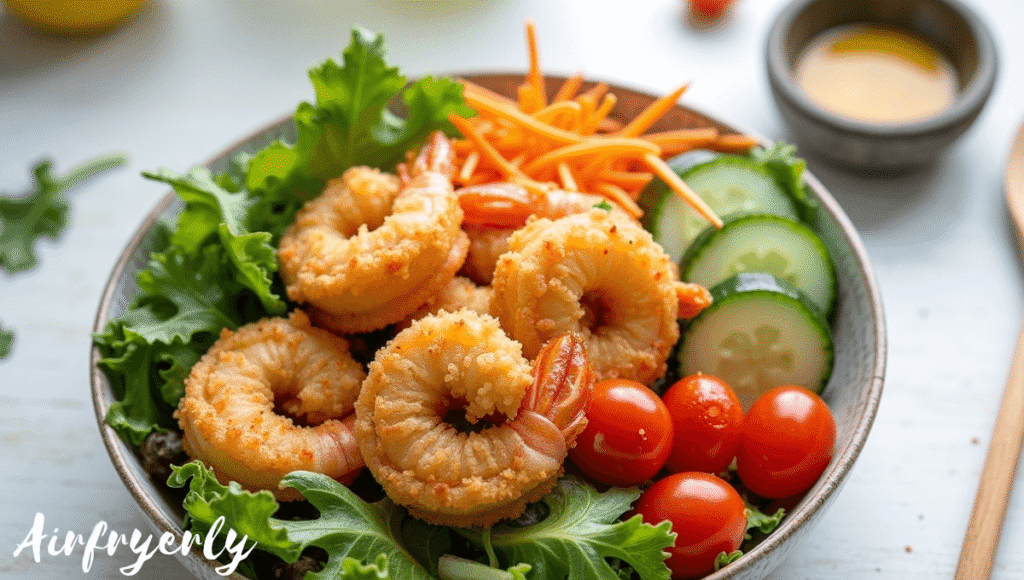 Fresh salad topped with warm, crispy SeaPak Tempura Shrimp, mixed greens, cherry tomatoes, cucumbers, and carrots drizzled with sesame ginger dressing — light and crunchy air fryer salad.