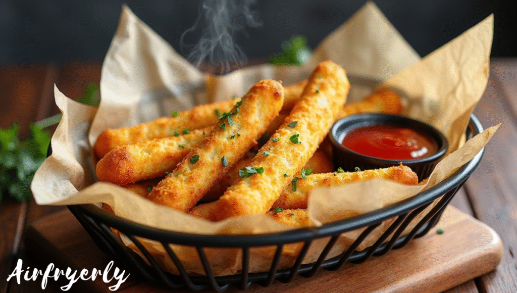 Golden frozen garlic bread sticks in air fryer basket, perfectly crispy and golden brown, ready to serve with dipping sauces.