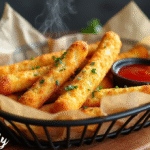 Golden frozen garlic bread sticks in air fryer basket, perfectly crispy and golden brown, ready to serve with dipping sauces.