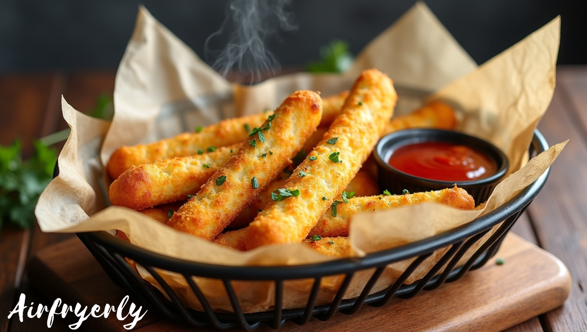 Golden frozen garlic bread sticks in air fryer basket, perfectly crispy and golden brown, ready to serve with dipping sauces.