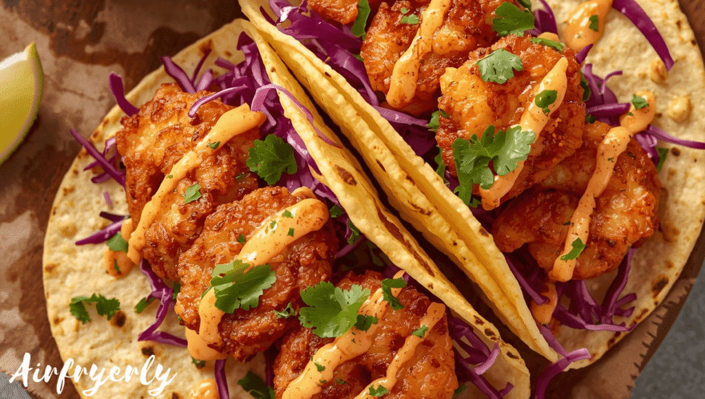 Crispy SeaPak Tempura Shrimp tucked in warm corn tortillas with shredded purple cabbage, cilantro, spicy mayo, and a squeeze of lime — shrimp tempura tacos made in air fryer.