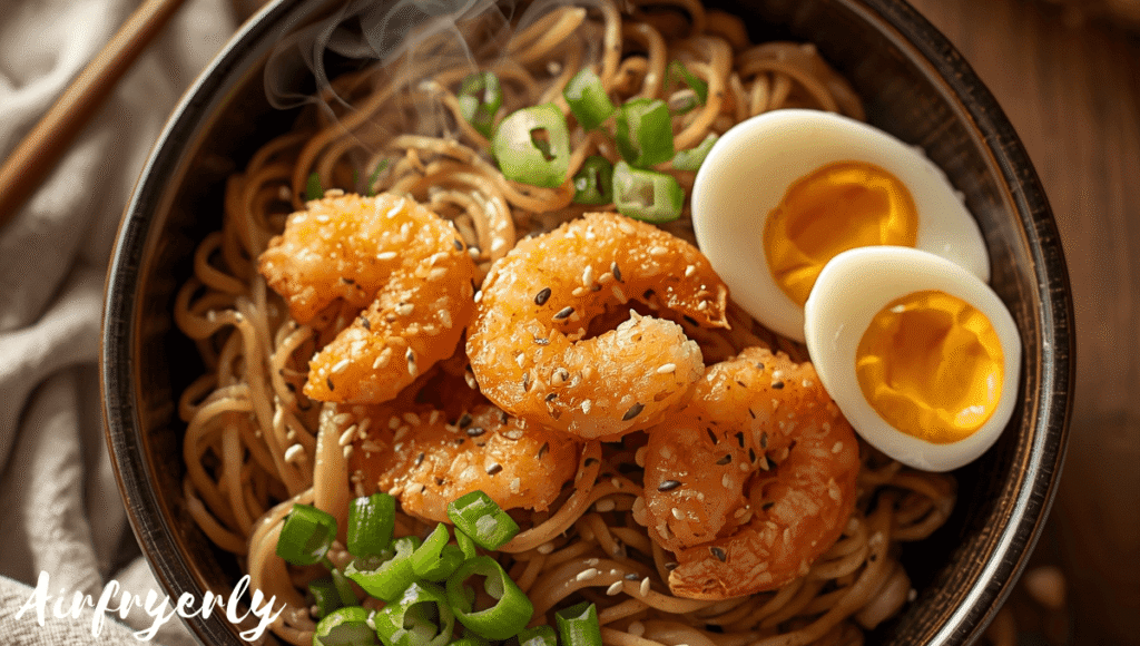 SeaPak Tempura Shrimp served over soba noodles tossed in sesame ginger sauce, topped with green onions, sesame seeds, and a soft-boiled egg — cozy shrimp noodle bowl.