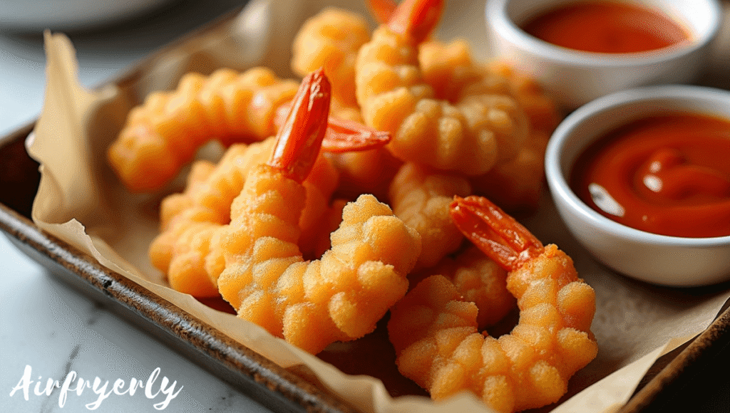 Crispy golden SeaPak Tempura Shrimp cooked in the air fryer, served with dipping sauces like sweet chili and soy sauce on a wooden platter, restaurant-style presentation — SeaPak Tempura Shrimp Air Fryer recipe.
