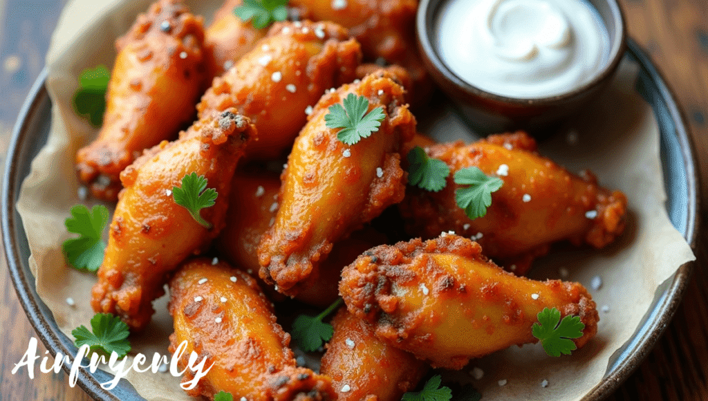 Crispy golden frozen chicken wings air fryer served on a platter with dipping sauces, celery, and carrots, styled for a food blog.