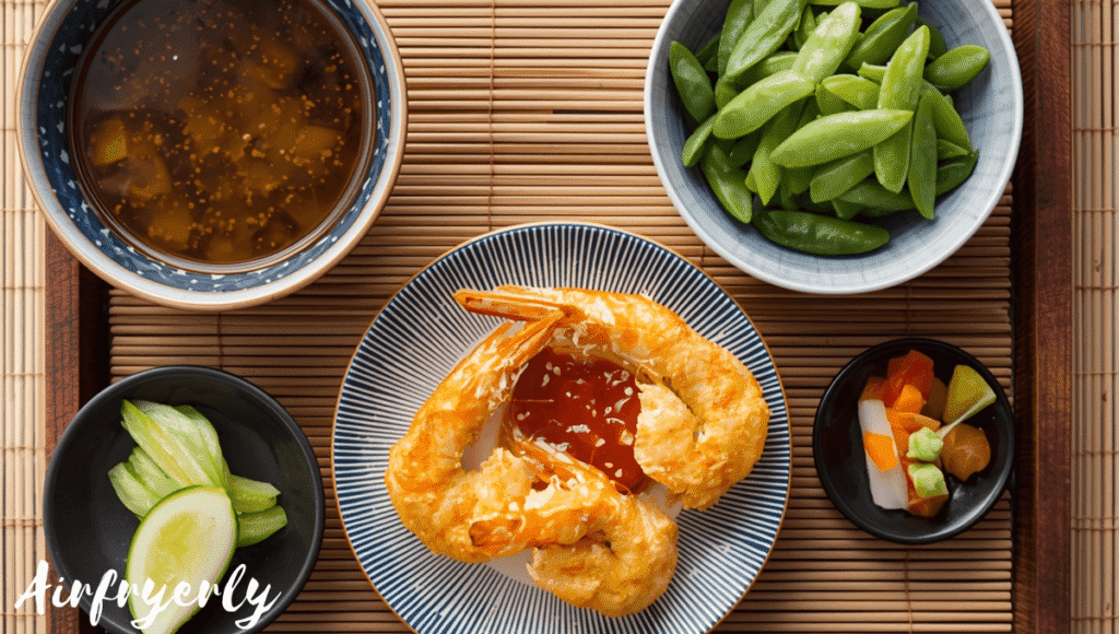 Japanese-style lunch set featuring crispy SeaPak Tempura Shrimp with edamame, miso soup, and pickled vegetables served on a wooden tray — easy air fryer Japanese lunch idea.