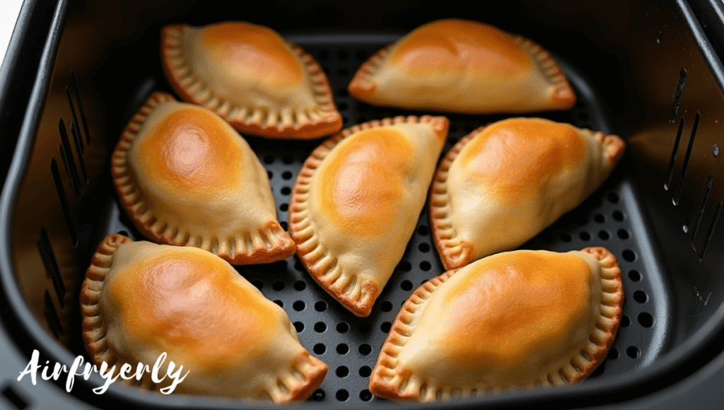 Frozen empanadas placed in a single layer inside the air fryer basket with space for air circulation.