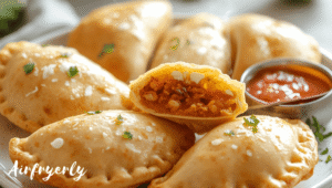 Freshly cooked Air Fryer Frozen Empanadas cooling on a rack before serving with dipping sauces.