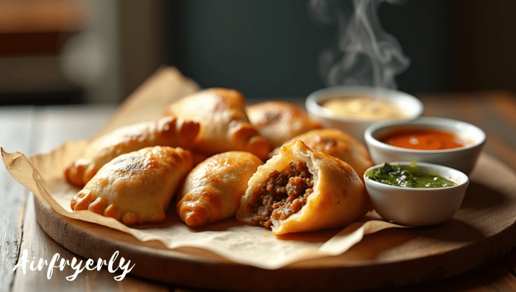 Golden brown Air Fryer Frozen Empanadas served on a white plate with dipping sauce, crispy pastry shells, and steam rising — freshly cooked and ready to eat.